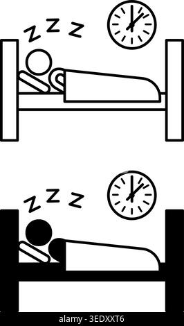 Getting Enough Sleep icons. Black and White Vector Icons. Man Sleeping Soundly in Bed. Healthy sleep. Healthy lifestyle. Positive Thinking Concept Stock Vector