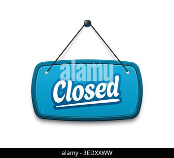 Closed blue signboard, shop store door sign board. Cafe closed message vector sign, retail market message board. Shop entrance hanging signboard with blue color frame and white handwritten typography Stock Vector
