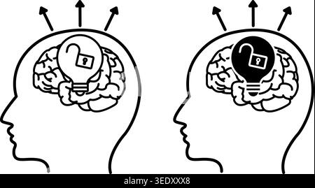 Open mindedness icons. Black and White Vector Icon of Man with Open Lock. Objectivity of Judgment, Openness, Fairness. Positive Thinking Concept Stock Vector