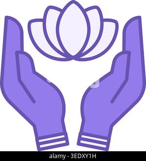 Spirituality Colored Icon. Vector Icon of Lotus Flower in Human Hands. Yoga, Meditation. Mental Health. Wellness Concept Stock Vector
