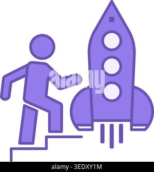 Personal Growth Color Icon. Vector Icon of a Man Walking on the Stairs to the Rocket. Improving Lifestyle. Improvement, Motivation, Training. Wellness Stock Vector