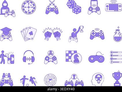 Colored Set of Games Icons. Vector Icons of Arcade Game, Mobile Game, Card Game, Dice, Fighting, Casino, Chess, Console, Headphones, Ball Game, Game O Stock Vector