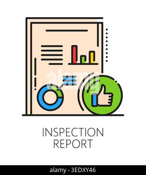 Product quality report inspection icon or pictogram. Production standards icon, regulation control color line vector sign. Product quality inspection pictogram with infographics diagram on document Stock Vector