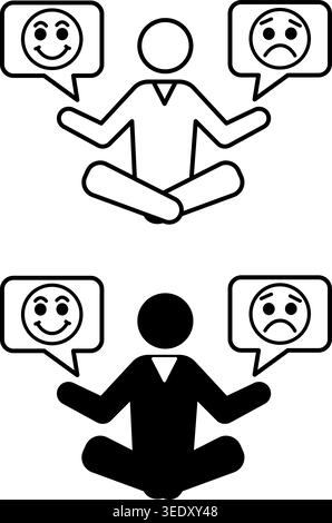 Icons Manage Your Emotions. Black and White Vector Icons of Meditating Man. Happy and Sad Emotions. Overcome Anxiety and Worry. Positive Thinking Conc Stock Vector