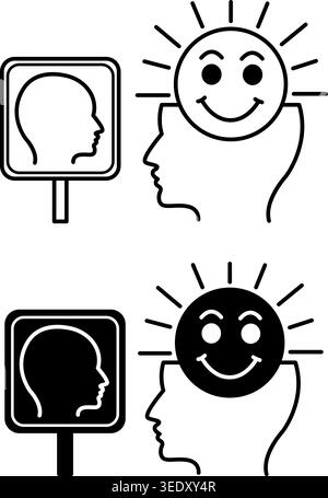 Positive Self Talk Icons. Black and White Vector Icons of Positive Person and Reflection in the Mirror. Mental Health. Positive Thinking Concept Stock Vector