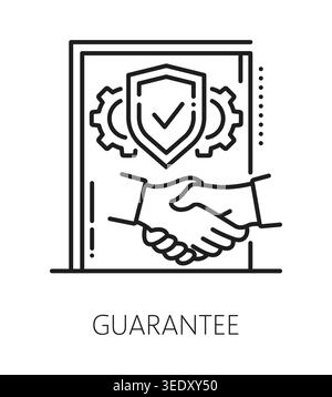 Product quality inspection line icon or pictogram. Regulatory approval pictogram, quality certification vector icon. Product standards inspection sign or symbol with handshake, shield and cogwheels Stock Vector