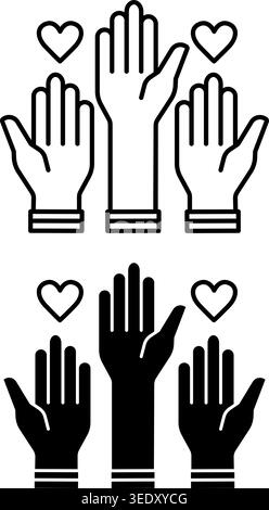 Volunteer icons. Black and White Vector Raised Hands Icons. Charity, Help, Care. Positive Thinking Concept Stock Vector