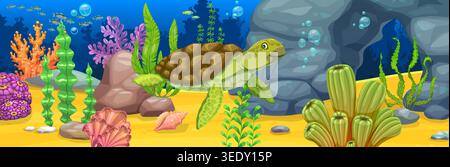 Underwater landscape game background with sea turtle character. Sea environment, ocean underwater vector landscape. Marine bottom background with turtle animal cartoon character, corals and seaweeds Stock Vector