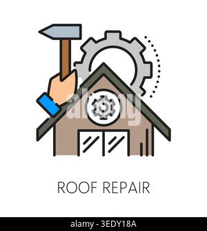 Home roof insulation maintenance or repair line icon. Cottage construction service sign, house renovation company outline vector pictogram. Roof insulation installation or repair symbol Stock Vector