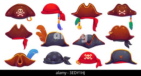 Cartoon pirate tricorn hats, corsair captain headwear, headband and bandana, vector piracy costume. Caribbean Sea pirate captain tricorn hats with feathers, skulls and bones, sailor scarf and bandana Stock Vector