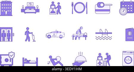 Colored Hotel Icon Set. Vector Icons Room, Taxi, Reservation, Passport, Housekeeping, Massage, Restaurant, Pool, Laundry, Key Card, and Others Stock Vector