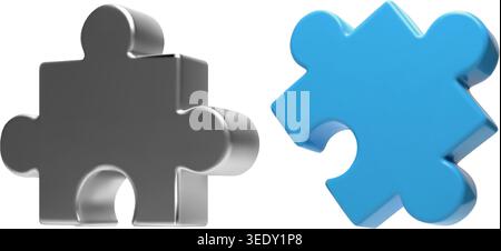 Blue metal 3D puzzle piece icon set. Jigsaw for team business solution. Connect and join for cooperation strategy. Isometric render with chrome and Stock Vector