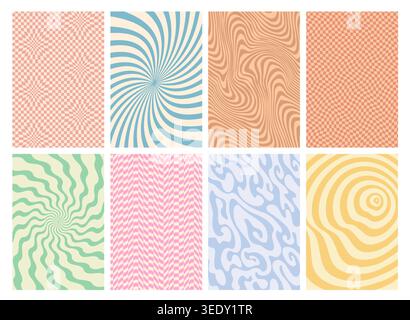 Psychedelic retro groovy hippie pattern backgrounds. Vector set of colorful abstract optical illusion and wavy patterns, featuring swirls, checkers, stripes, and organic shapes in pastel shades Stock Vector
