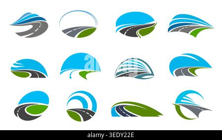 Highway road vector icons and asphalt route way emblems, pathway symbols. Curved gray highways with white dashed lines, asphalt roads, green hills and blue horizon. Logistics, travel, car rent symbols Stock Vector