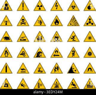 Yellow Danger Warning Signs. Vector Icons Biological Hazard, High Voltage, Carcinogen, Chemical Weapon, Compressed Gas, Slippery Road, Suspended Load, Stock Vector