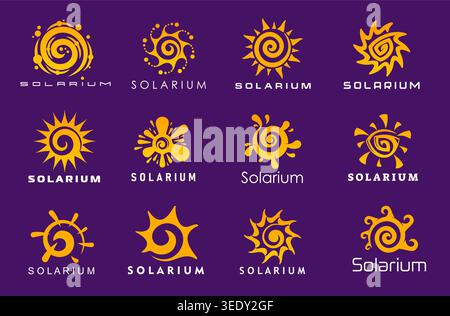 Solarium tan, summer beach sun and solar energy vector icons. Abstract sun light symbols of round spiral yellow sunshine rays. Solarium or spa salon, skin care sunscreen or tanning cream emblems Stock Vector