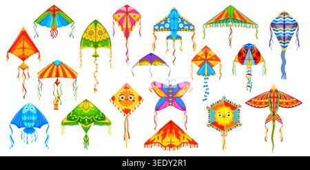 Festival paper kites set. Fish, butterfly and airplane, bird and ladybug, classic diamond, delta, hexagon and winged forms. Cartoon vector flying toys for summer game and traditional Indian festival Stock Vector