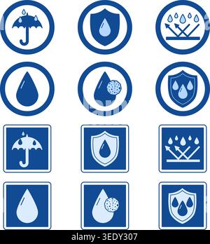 Blue Water and Dust Resistant Labels. Vector Icons for Packaging, Stickers. Material Protective from Water, Sweat and Dust Stock Vector