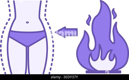 Color Fat Burning Icon. Vector Illustration. Slim Figure and Burning Fire. Fitness, Healthy Eating. Healthy Lifestyle. Weight Loss Concept Stock Vector