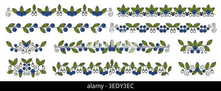 Ornate blueberry divider and border decorations featuring blue berries, green leaves and white flowers in decorative swirly arrangements or embellishments. Vector set of linear trims with ripe berries Stock Vector