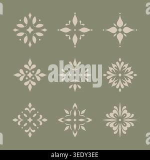 Nine beige floral ornament arranged on green background. Concept of decorative pattern Stock Vector