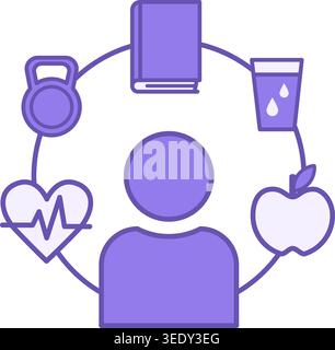 Colored Healthy Habits Icon. Vector Illustration. Man, Heartbeat, Kettlebell, Book, Clean Water and Apple. Healthy Lifestyle, Sports, Hobbies, Water B Stock Vector