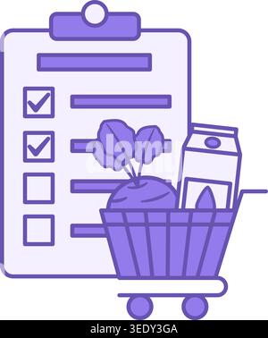 Colored Grocery List Icon. Vector Illustration. List with Checkmarks and Cart with Grocery Items. Shopping. Turnip and Milk in Packaging Stock Vector