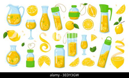 Cartoon citrus lemonade and lemon fruit juice drinks in pitcher, bottle, jar, glass and plastic containers include ripe lemons with peel, juicy slices and green mint leaves Stock Vector