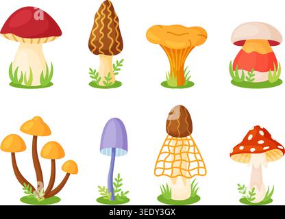 Set of cute cartoon mushrooms icons. Colorful wild forest fungi collection. Flat vector style. Ideal for childrens educational materials, nature posters, stickers, and eco friendly packaging. Stock Vector