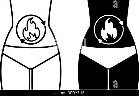 Metabolism Icons. Black and White Vector Illustration. Food to Energy, Burning Calories. Healthy Eating. Healthy Lifestyle. Weight Loss Concept Stock Vector