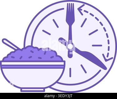 Colored Meal Timing Icons. Vector Illustration. Clock with Knife and Fork, Porridge Plate with Spoon. Healthy Lifestyle. Nutrition Concept Stock Vector