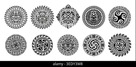 Circle round tribal maori tattoo with vector sun and warrior totem mask in ethnic pattern frame. Polynesian geometric ornament circles set with sun, moon, fish hook and koru spirals, maori tattoo art Stock Vector