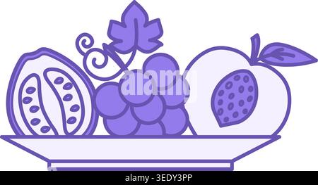 Colored Healthy Food Icons. Vector Illustration. Fruits on the Plate. Guava, Grape, and Peach. Healthy Lifestyle. Nutrition Concept Stock Vector