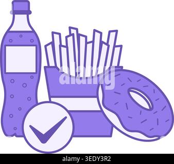 Colored Junk Food Icons. Vector Illustration. Soda, French Fries, and a Sweet Donut. Fast Food, Unhealthy Nutrition Stock Vector