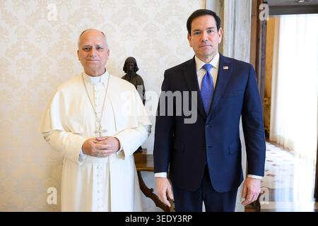 Vatican, Vatican City. 07th May, 2026. U.S. Secretary of State Marco Rubio (R) meets with Pope Leo XIV in the Vatican on Thursday, May 7, 2026. Photo by Vatican Media/UPI Credit: UPI/Alamy Live News Stock Photo