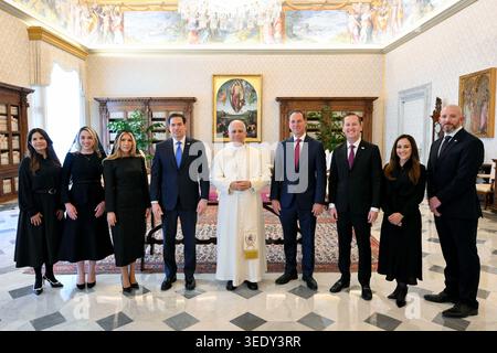 Vatican, Vatican City. 07th May, 2026. U.S. Secretary of State Marco Rubio (3-L) meets with Pope Leo XIV (C) in Vatican on Thursday, May 7, 2026. Photo by Vatican Media/UPI Credit: UPI/Alamy Live News Stock Photo