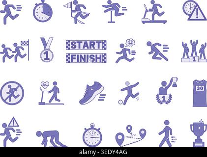 Colored Running Icon Set. Vector Illustrations Race, Trophy, Sprint, Distance, Hurdles, Finish, Start, Running Shirt, Sneakers, Competition, Walking, Stock Vector