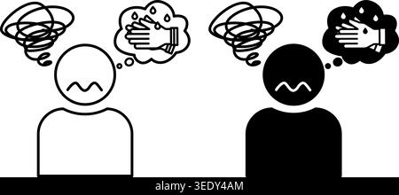 Obsessive Compulsive Disorder Icons. Black and White Vector Illustration. Mental Disorder, Obsessive Thoughts and Rituals, Anxiety. Man Washes Hands O Stock Vector