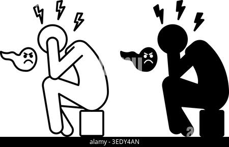Psychosis Icons. Black and White Vector Illustration. Mental Disorder, Hallucinations, Irritability, and Fear. Mental Health Concept Stock Vector