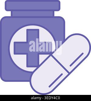 Colored Medication Icon. Vector Illustration. Pill Bottle and Capsule. Remedy for Treating Various Diseases. Mental Health Concept Stock Vector