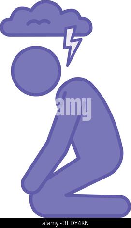 Colored Trauma Icon. Vector Illustration. Man Sitting On His Knees, Dark Cloud Above Him. Person Experiencing A Stressful Or Traumatic Event. Mental H Stock Vector
