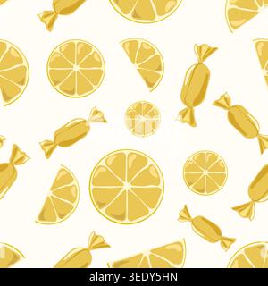 Minimalist Seamless Pattern Vector with Fresh Lemon Slices and Golden Wrapped Candies for Citrus Food Branding Textile and Sweet Packaging Design Stock Vector