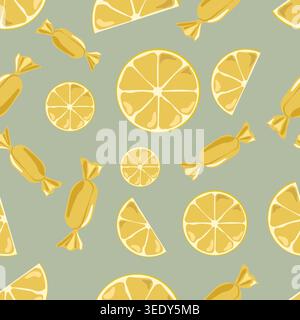Minimalist Seamless Pattern Vector with Lemon Slices and Golden Candies on Sage Green Background for Organic Food Branding Textile and Packaging Stock Vector