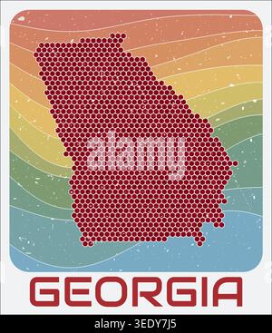 Georgia, United States vintage logo. Hexagon dots shape of the state on retro colored stripe waves background. Stock Vector