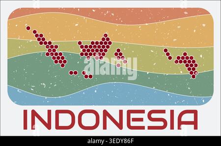 Indonesia vintage logo. Hexagon dots shape of the country on retro colored stripe waves background. Indonesia map design with grunge scratch texture. Stock Vector