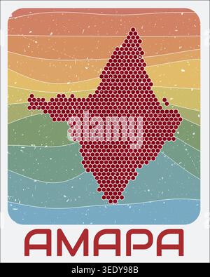 Amapa, Brazil vintage logo. Hexagon dots shape of the state on retro colored stripe waves background. Stock Vector