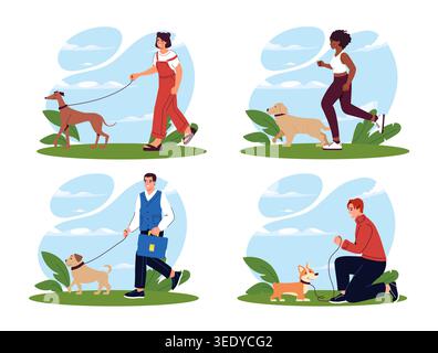 People walking dogs outdoors. Vector illustration Stock Vector