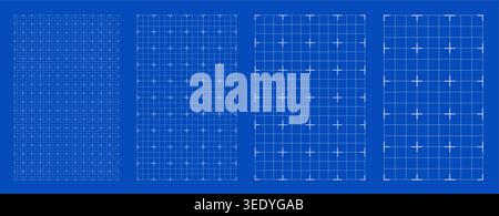 Blueprint grid set micro cross geometry, four scale variations. Wide medium dense micro spacing comparison, engineering layouts dashboards notebook pages interface planning systems technology graphics Stock Vector