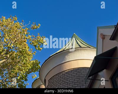 Witch’s hat turret tower found in tourist district of Solvang California Stock Photo