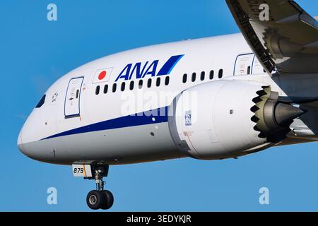 All Nippon Airways (ANA) Boeing 787-9 Dreamliner (JA879A) close-up view of engine and nose during final approach with landing gear deployed. Stock Photo